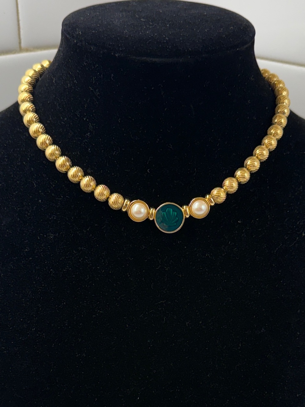 Gold Beaded Necklace with Green Center and Pearl Accents